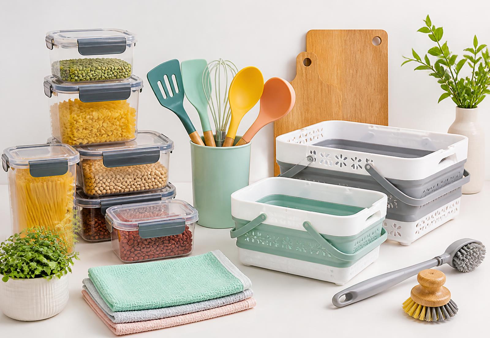 Household essentials including storage containers, kitchen utensils and cleaning supplies
